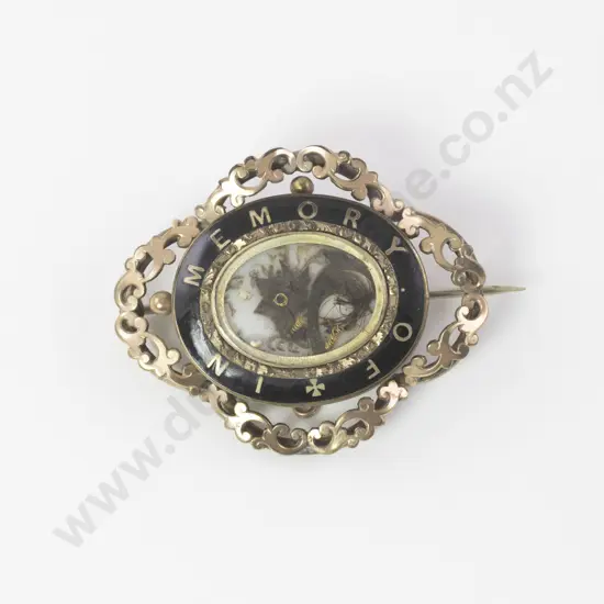 Large Victorian Gold Plate and Black Enamel Mourning Brooch