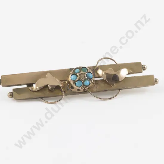 Victorian 9ct Turquoise and Seed Pearl Double Bar Brooch