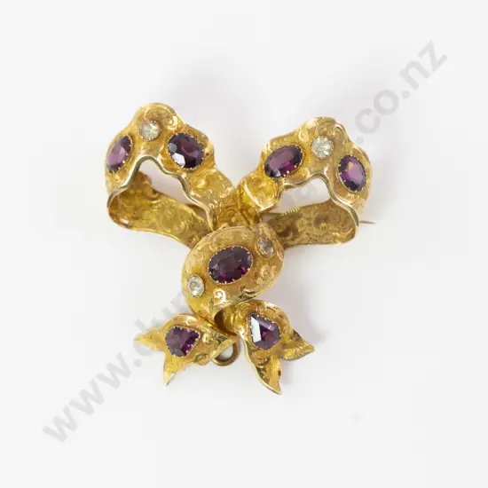 Victorian 15ct Eleven Stone White Sapphire and Garnet Large Bow Brooch