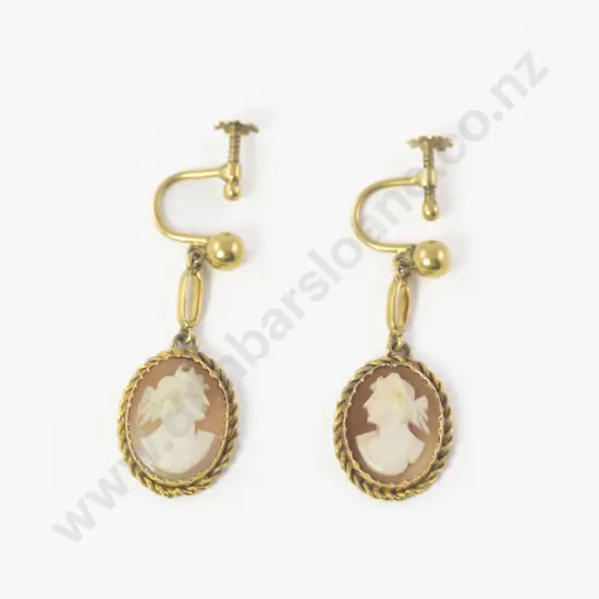 Pair Victorian 9ct Framed Portrait Cameo Earrings