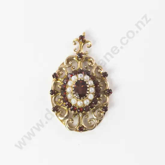 Victorian 9ct 40Stone Garnet and Seed Pearl Cluster Pendant