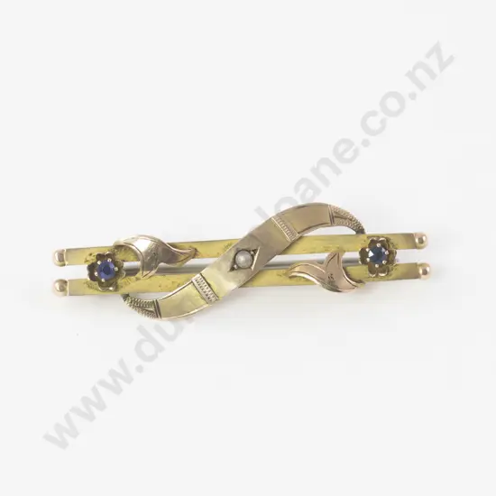 Victorian 9ct Three Stone Sapphire and Half Pearl Double Bar Brooch