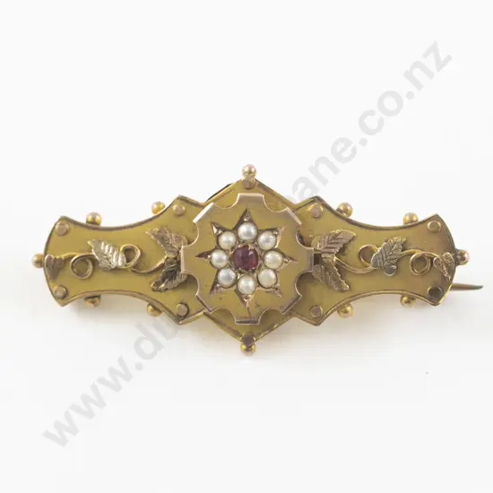 Victorian 9ct Seed Pearl and Garnet Bar Brooch
