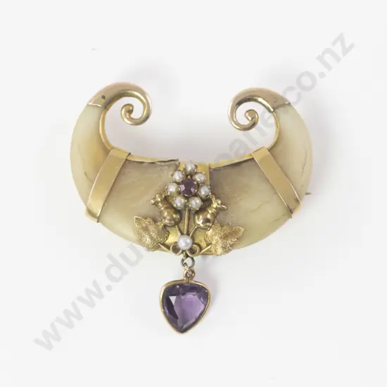 Victorian 9ct Amethyst Garnet and Seed Pearl Tiger Claw Brooch