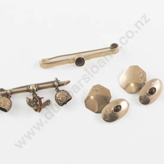 Edwardian Pair 9ct Single Stone Tiger Eye Cufflinks with Matching Pin Brooch