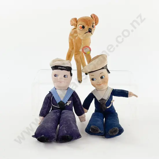 Two Norah Wellings Type All Cloth Sailor Dolls and Steiff Bambi