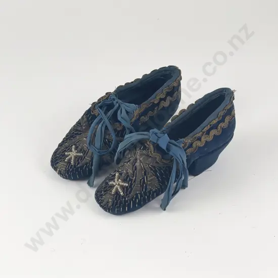 Pair C19th (French) Infants Embroidered Blue Velvet Heeled Lace Up Shoes