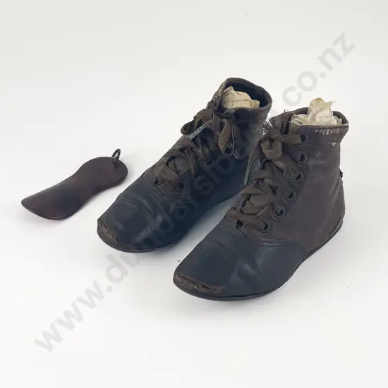 Pair Late Victorian Infants High Top Two Tone Leather Lace Up Shoes