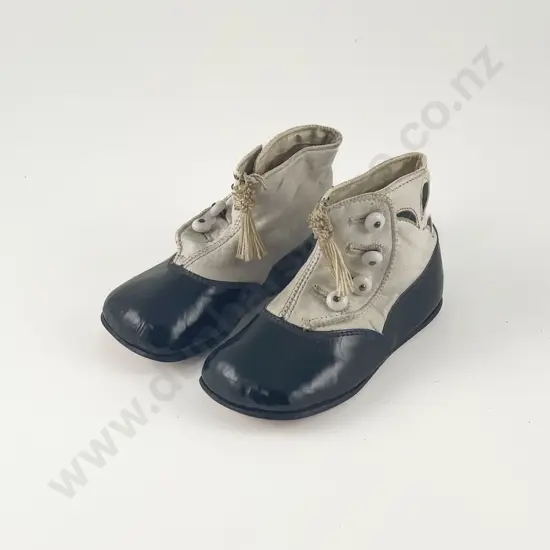 Pair Late Victorian Infants High Top Black & White Leather Button Up Shoes