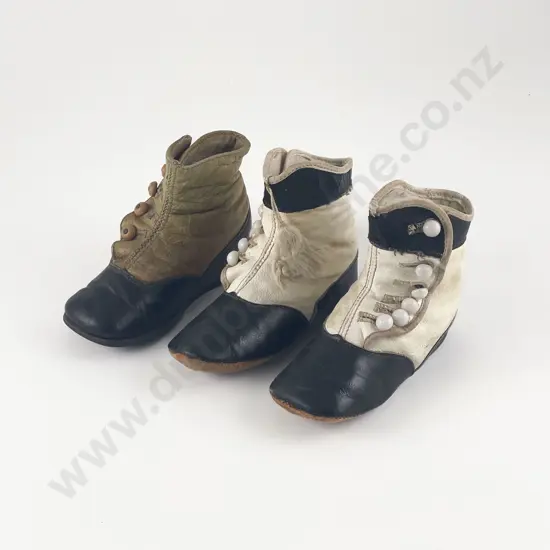 Pair Late Victorian Infants High Top Black & White Leather Button Up Shoes and one odd