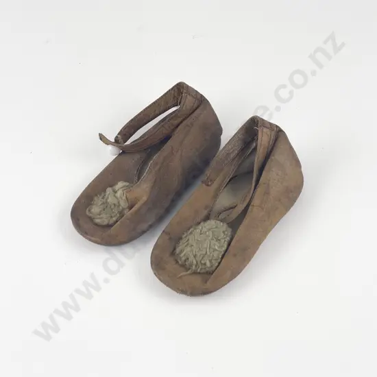 Pair Vintage Doll Leather Single Strap and Button Shoes