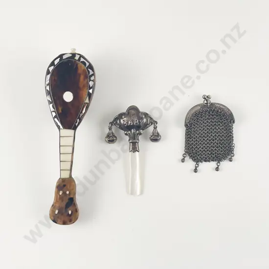 Mixed Lot - .925 Babies Rattle with Mesh Coin Purse and Tortoise Shell Instrument