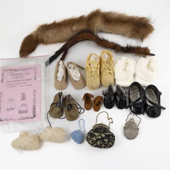 Various Doll Shoes with Bags Patterns and Two Fur Stoles