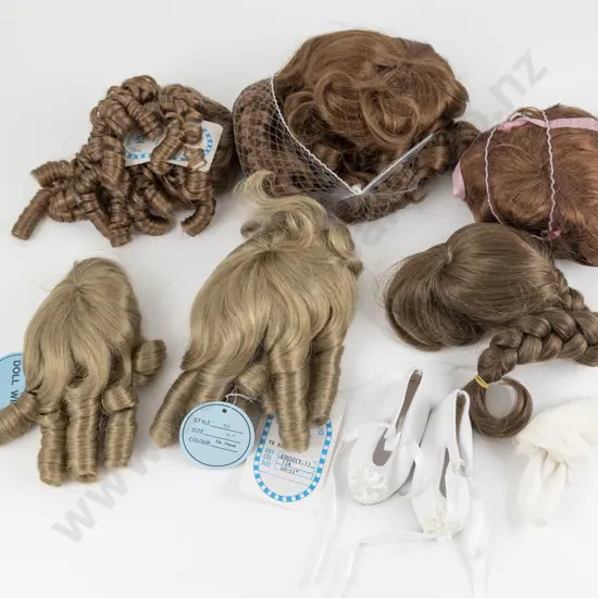 Six New Nylon Doll Wigs and Pair Shoes