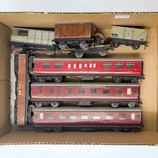 Hornby Dublo Three BR Corridor Passenger Coaches and Six Various Rolling Stock Wagons