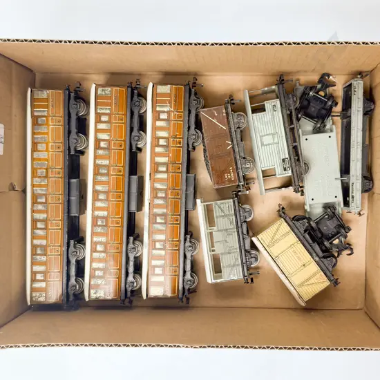 Hornby Dublo Three Teak Suburban Passenger Coaches and SIx Tinplate Rolling Stock Wagons