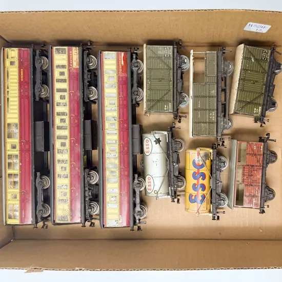 Hornby Dublo Three Tin Plate BR Coaches and Six Various Rolling Stock Wagons