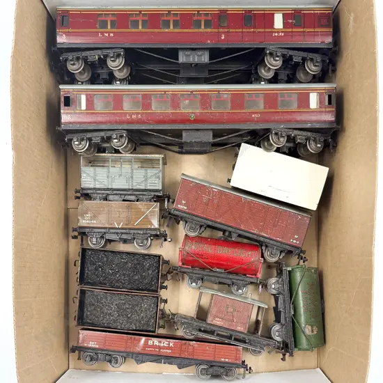 Hornby Dublo Four LMS Corridor Passenger Coaches with Ten Unboxed Rolling Stock Wagons