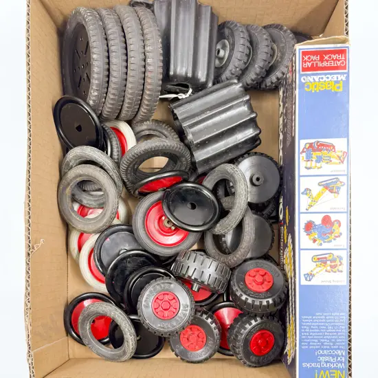Meccano Qty Various Vehicle Rubber Wheels and Fittings with Flexible Track Pack