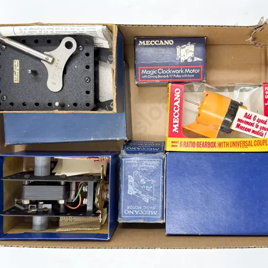 Meccano Five Various Boxed Electric and Clockwork Motors