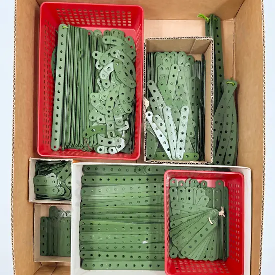 Meccano Qty Restored Green Shorter Length Straight and Curved Perforated Strips (6.5kgs)