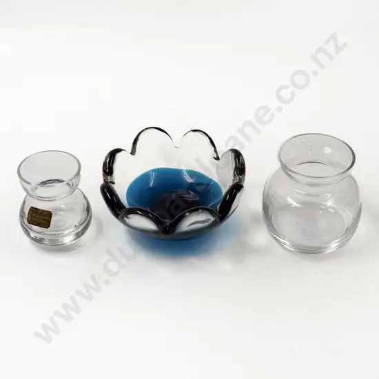 Whitefriars Two Clear Glass Posy Pots & Sea Blue Encased Clear Glass Dish