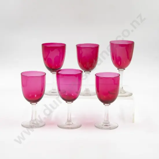 Six Victorian Cranberry Bowled Wine Glasses