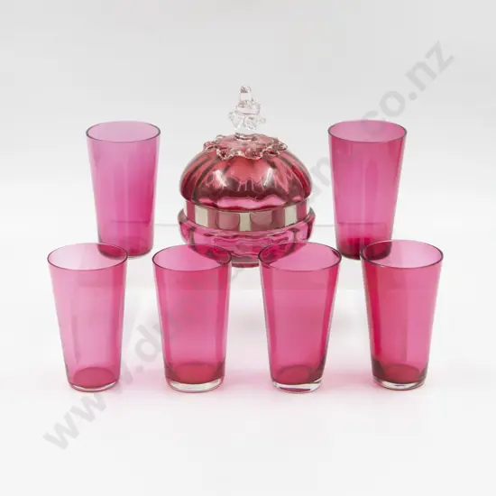 Six Victorian Cranberry Glass Tumblers & Powder Bowl