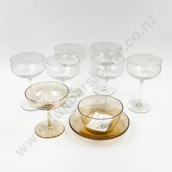 Fine Champagne Goblets with Tinted Amber Goblet Bowl & Two Saucers