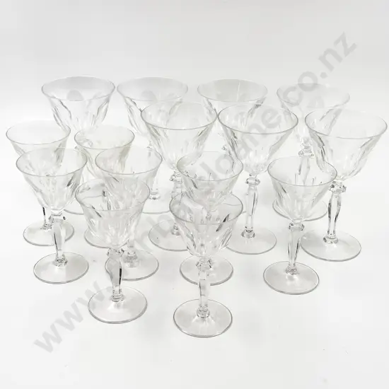 Seven Wine Goblets fine bell bowled notched bowls with eight matching port goblets