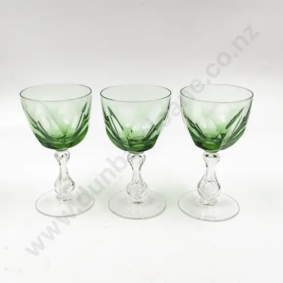 Three Tinted Emerald Green Bowled Wine Goblets on Hollow Baluster Stems