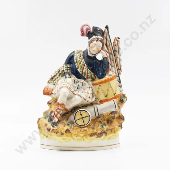 Victorian Staffordshire Figure Group of Highland Warrior with Cannon & Drum