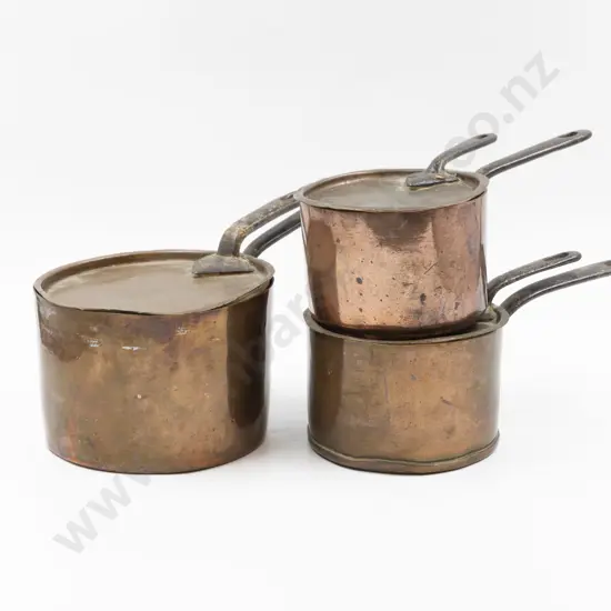 Three Victorian Copper & Iron Covered Saucepans