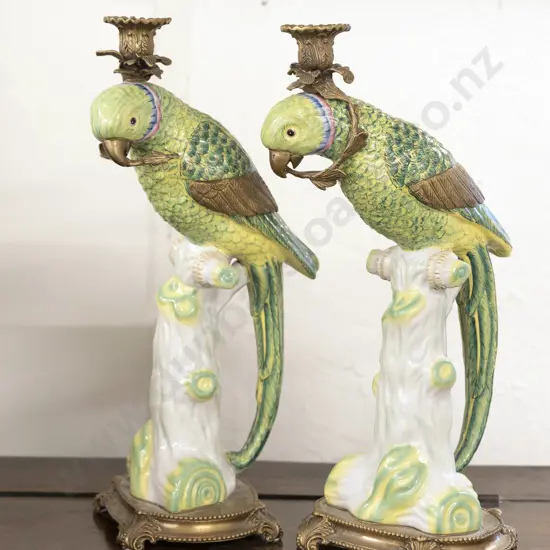 Pair Reproduction Meissen Parrots with Gilt Metal Candlestick Mounts