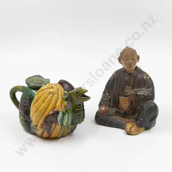 Antique Chinese Majolica Glaze Novelty Teapot & Figure