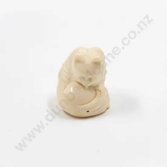 Signed Ivory Netsuke of a Preening Cat