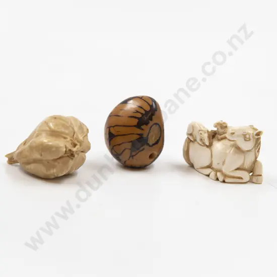 Signed Ivory Netsuke of a Reclining Horse with Rats and Two Vegetable Nut Netsuke