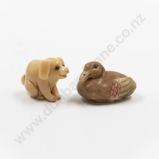 Two SIgned Vegetable Ivory Netsuke of Pig and Duck