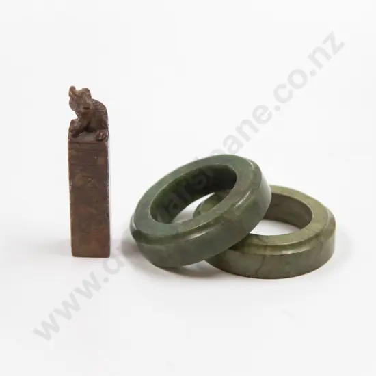 Two Jade Rings and Small Soapstone Chop