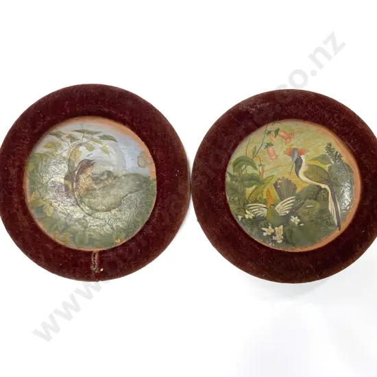 Pair Victorian Painted Terracotta Plates in Original Velvet Frames
