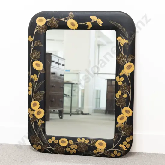 C20th Japanese Black Lacquered & Floral Decorated Wall Mirror