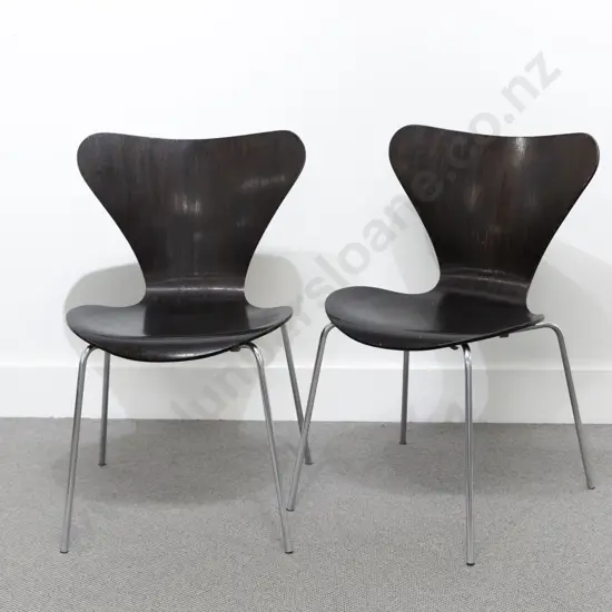 Pair of Fritz Hansen for Arne Jacobsen Series 7 Plywood & Chrome Dining Chairs