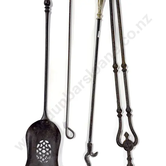 Three Antique Steel Fire Irons & Metal Bracket