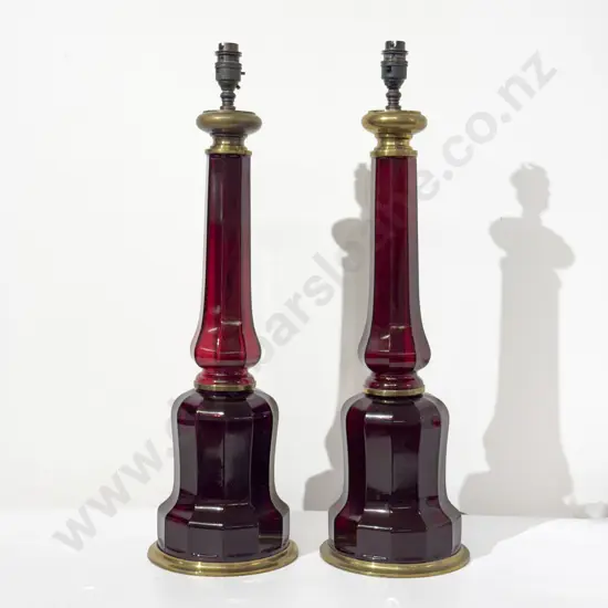 Pair C20th Ruby Glass Column Table Lamps
