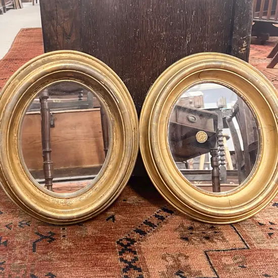Pair Victorian Giltwood Oval Deep Framed Wall Mirrors