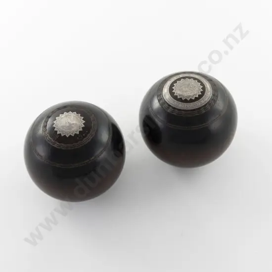 Pair Of Vintage Silver Inset Lignum Vitae Lawn Bowls