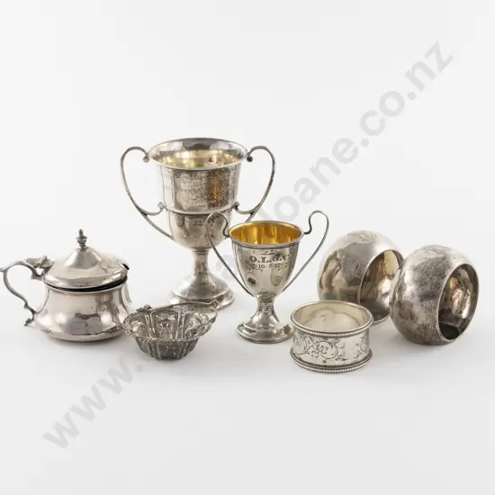 3 S/S Napkin Rings, 2 Small Prize Cups, Mustard Pot & Miniature Basket