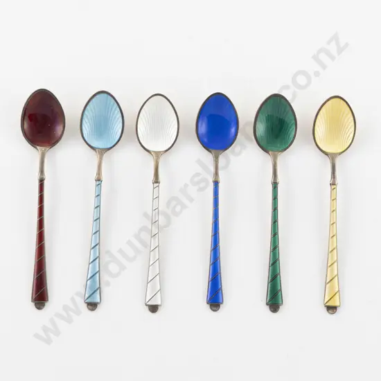 Set Six Denmark 925 Silver and Enamelled Coffee Spoons