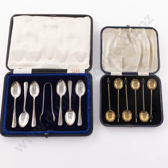 Cased Set Of 6 Geo V S/S Teaspoons & Tongs