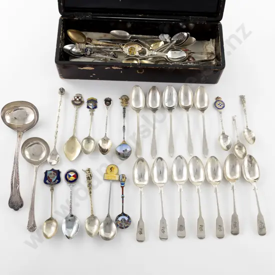 Japanese Lacquered Box Of S/S & S/P Souvenir Spoons & Other Mixed Cutlery Odds